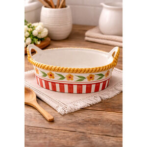 Temp-tations Floral Embroidery 13x9 Oval Baker Dish Rope Handle EUC